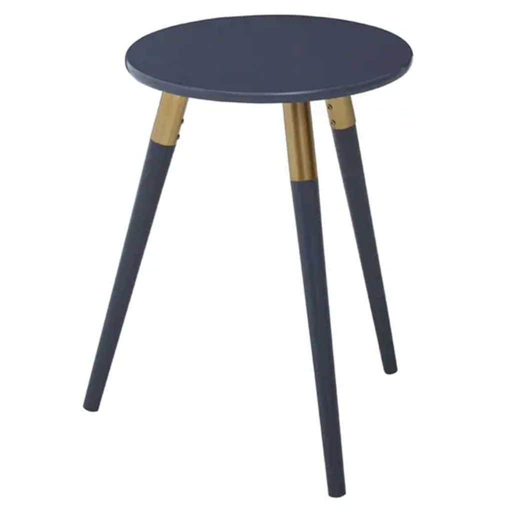 Dark Grey Round Top Wooden Side Table with Natural Wood Legs and Gold Trim | Nostra