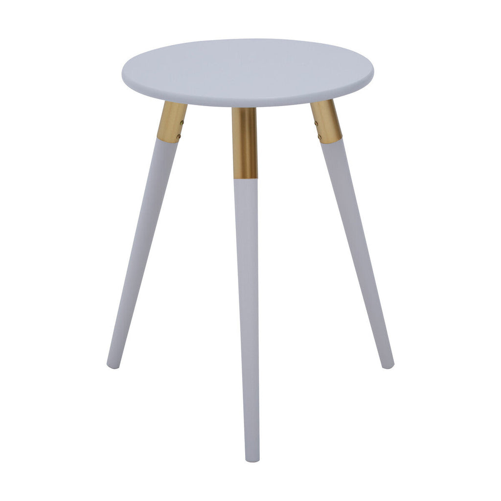 Light Grey Round Top Wooden Side Table with Natural Wood Legs and Gold Trim | Nostra