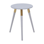 Light Grey Round Top Wooden Side Table with Natural Wood Legs and Gold Trim | Nostra