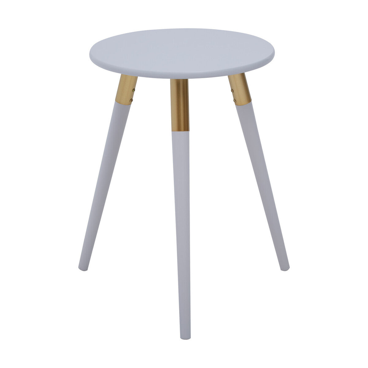 Light Grey Round Top Wooden Side Table with Natural Wood Legs and Gold Trim | Nostra