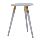 Light Grey Round Top Wooden Side Table with Natural Wood Legs and Gold Trim | Nostra