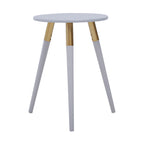 Light Grey Round Top Wooden Side Table with Natural Wood Legs and Gold Trim | Nostra