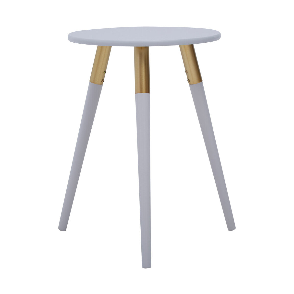 Light Grey Round Top Wooden Side Table with Natural Wood Legs and Gold Trim | Nostra