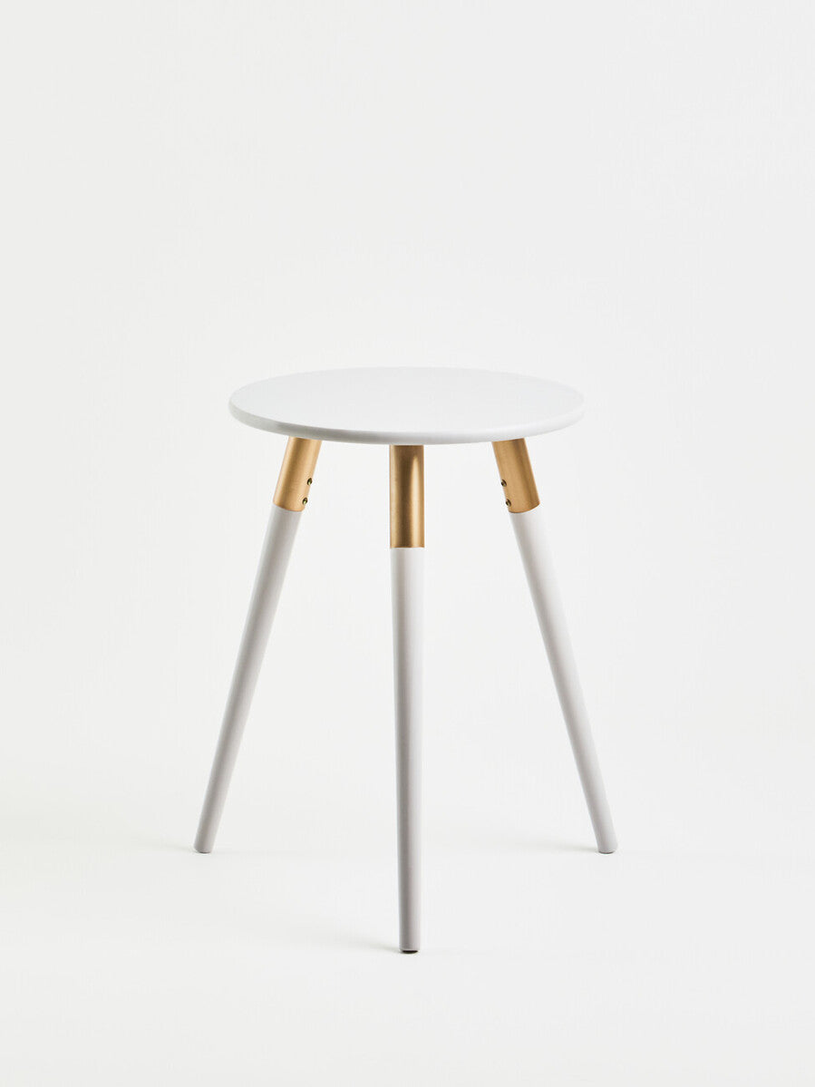 Light Grey Round Top Wooden Side Table with Natural Wood Legs and Gold Trim | Nostra