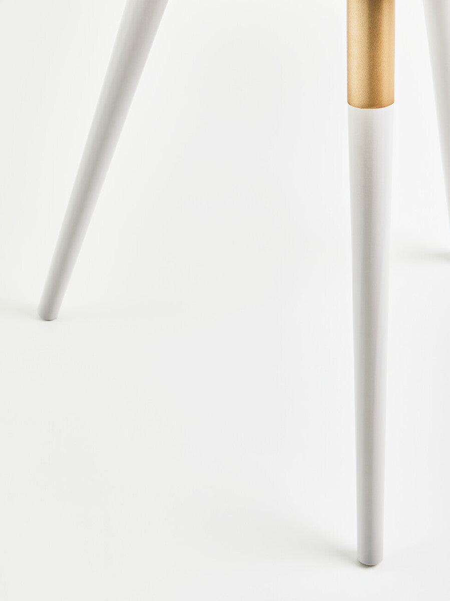 Light Grey Round Top Wooden Side Table with Natural Wood Legs and Gold Trim | Nostra