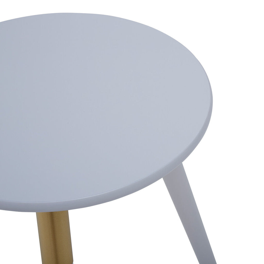 Light Grey Round Top Wooden Side Table with Natural Wood Legs and Gold Trim | Nostra