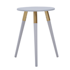 Light Grey Round Top Wooden Side Table with Natural Wood Legs and Gold Trim | Nostra