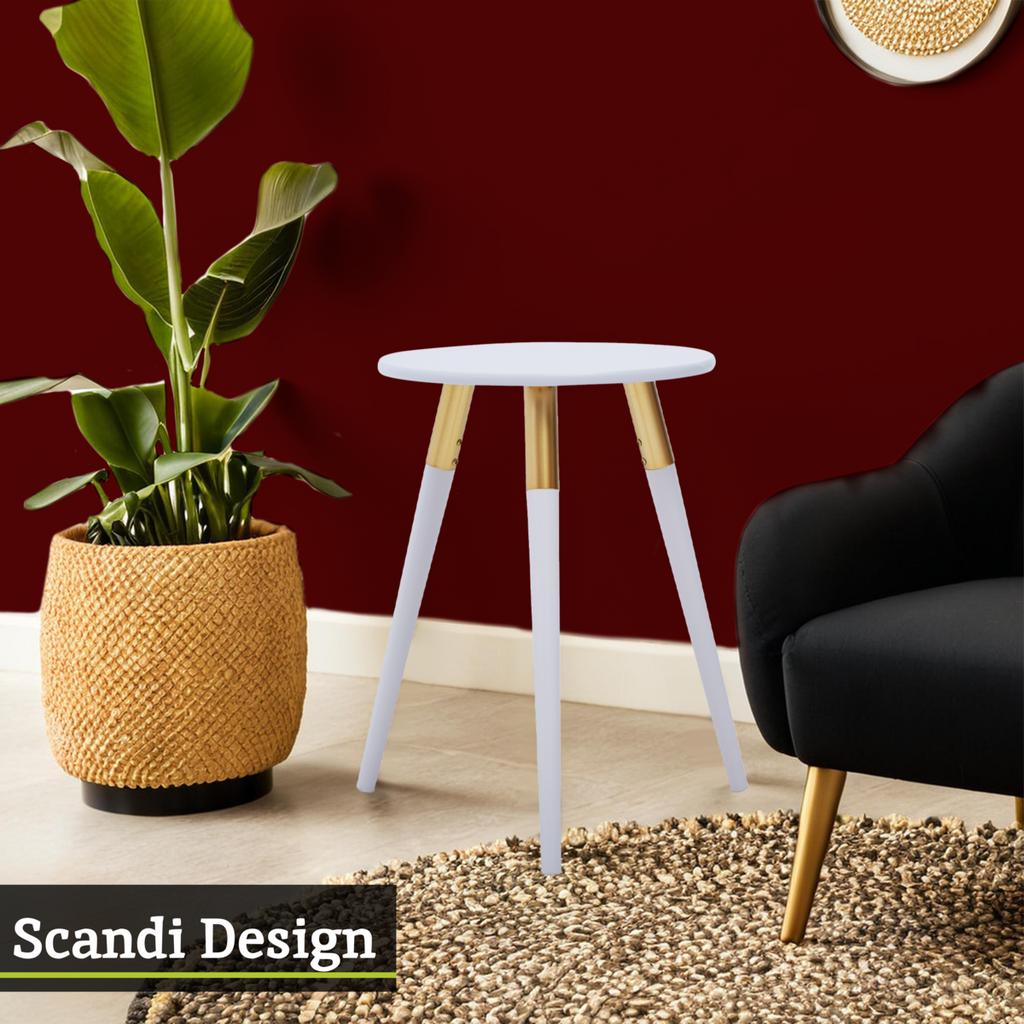 Light Grey Round Top Wooden Side Table with Natural Wood Legs and Gold Trim | Nostra