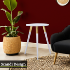Light Grey Round Top Wooden Side Table with Natural Wood Legs and Gold Trim | Nostra