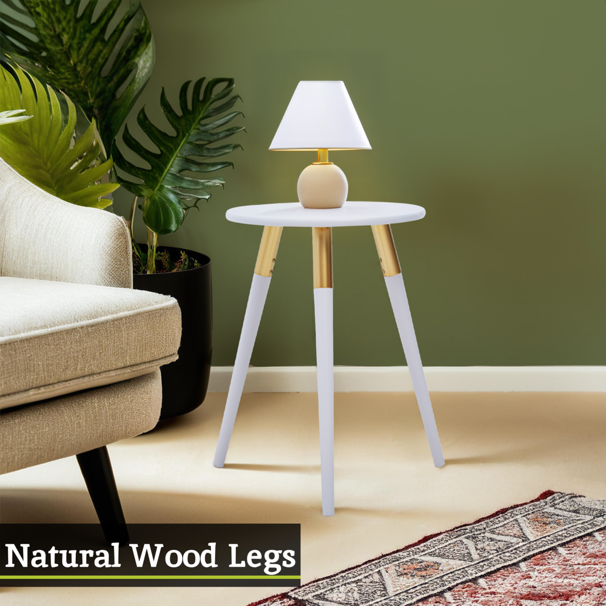 Light Grey Round Top Wooden Side Table with Natural Wood Legs and Gold Trim | Nostra