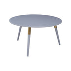 Light Grey Round Top Wooden Coffee Table with Natural Wood Legs and Gold Trim | Nostra