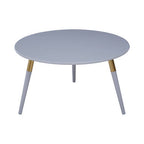 Light Grey Round Top Wooden Coffee Table with Natural Wood Legs and Gold Trim | Nostra