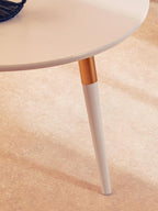 Light Grey Round Top Wooden Coffee Table with Natural Wood Legs and Gold Trim | Nostra