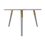 Light Grey Round Top Wooden Coffee Table with Natural Wood Legs and Gold Trim | Nostra