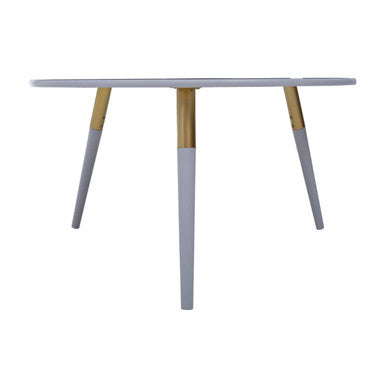 Light Grey Round Top Wooden Coffee Table with Natural Wood Legs and Gold Trim | Nostra