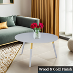 Light Grey Round Top Wooden Coffee Table with Natural Wood Legs and Gold Trim | Nostra