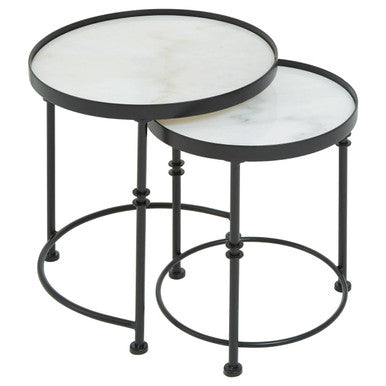 Set of 2 Black Frame and White Marble Top Round Nesting Side Tables | Arcana