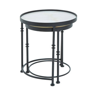 Set of 2 Black Frame and White Marble Top Round Nesting Side Tables | Arcana