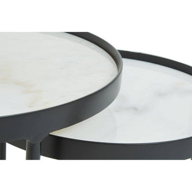 Set of 2 Black Frame and White Marble Top Round Nesting Side Tables | Arcana