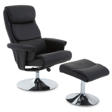 Black Leather Effect Reclining Chair with Footstool | Denton