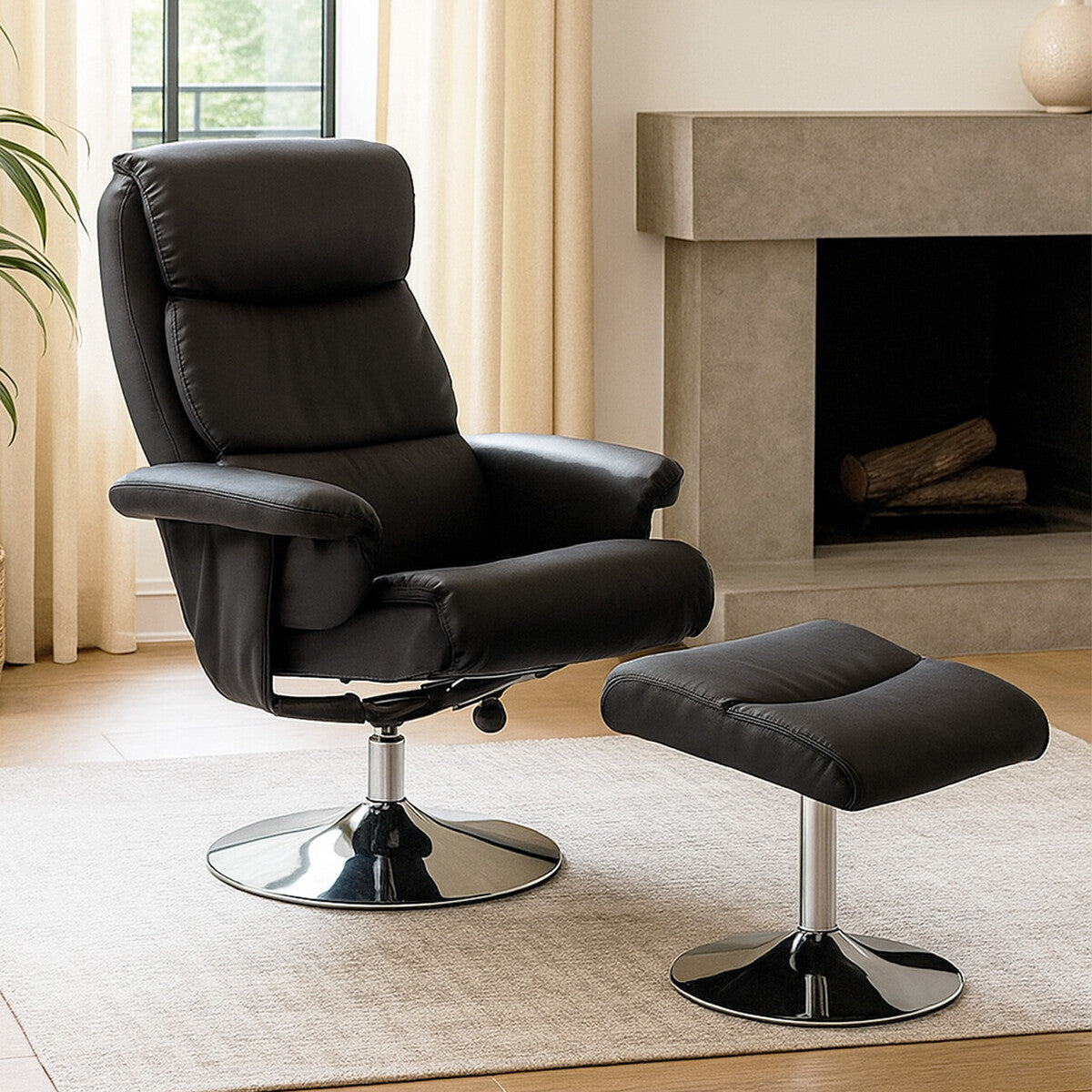 Black Leather Effect Reclining Chair with Footstool | Denton