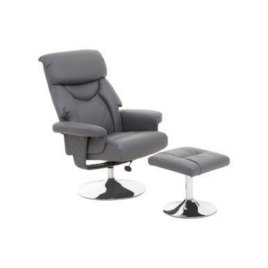Grey Leather Effect Reclining Chair and Footstool | Denton