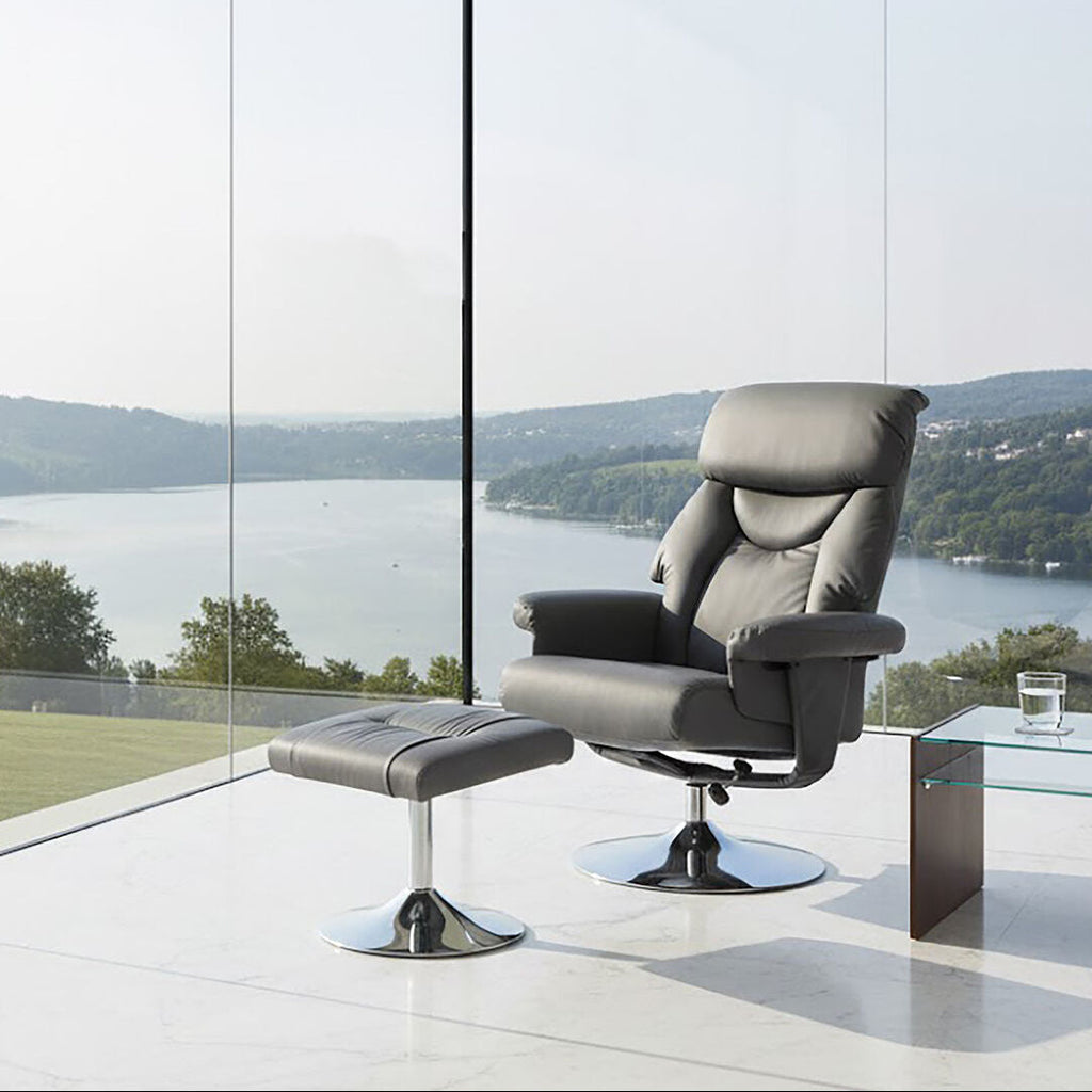 Grey Leather Effect Reclining Chair and Footstool | Denton
