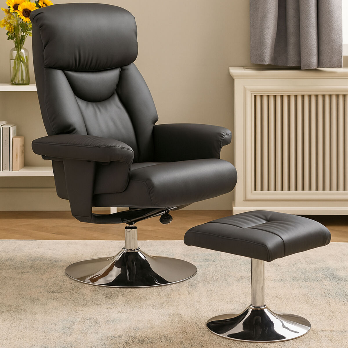 Black Leather Effect Reclining Chair and Footstool | Denton