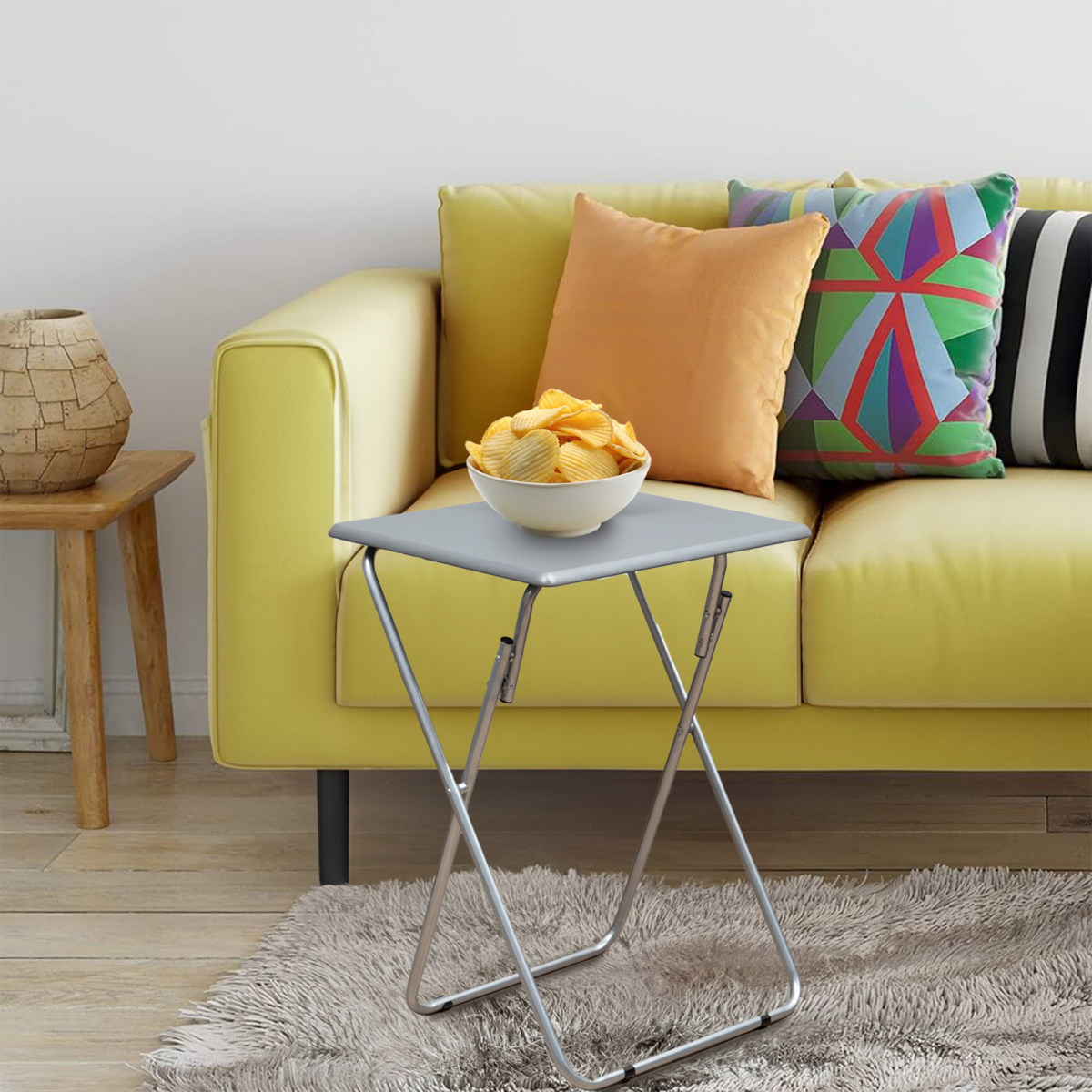 Grey Wooden Top Folding Table with Silver Frame | Bernie