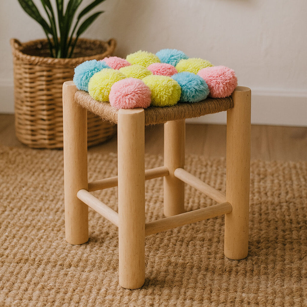 Pink Blue and Yellow Pom Pom Stool | West Village