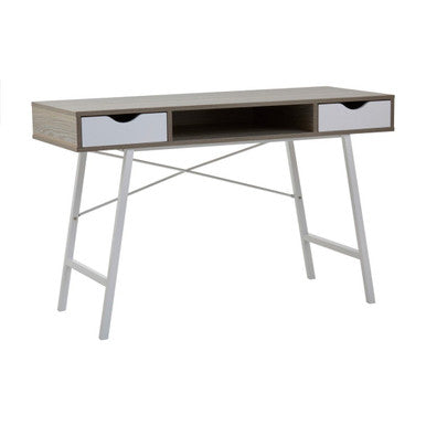 Light Oak Veneer Effect 2 Drawer Desk in White Finish Frame | Bradbury