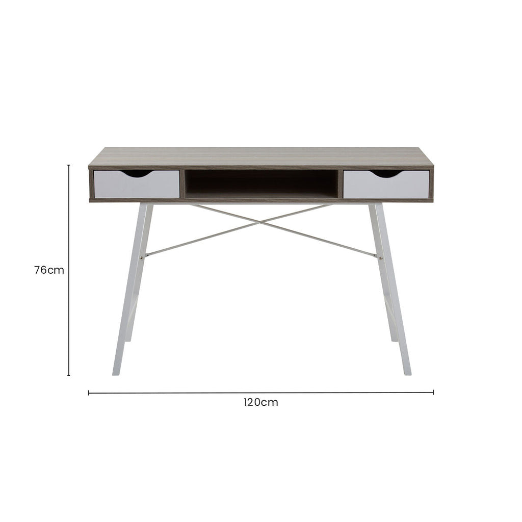 Light Oak Veneer Effect 2 Drawer Desk in White Finish Frame | Bradbury