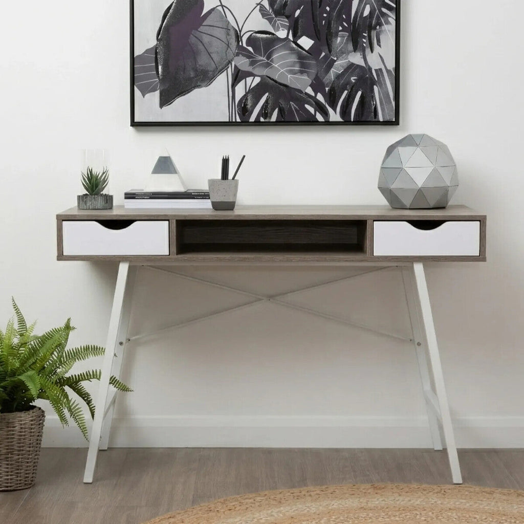 Light Oak Veneer Effect 2 Drawer Desk in White Finish Frame | Bradbury