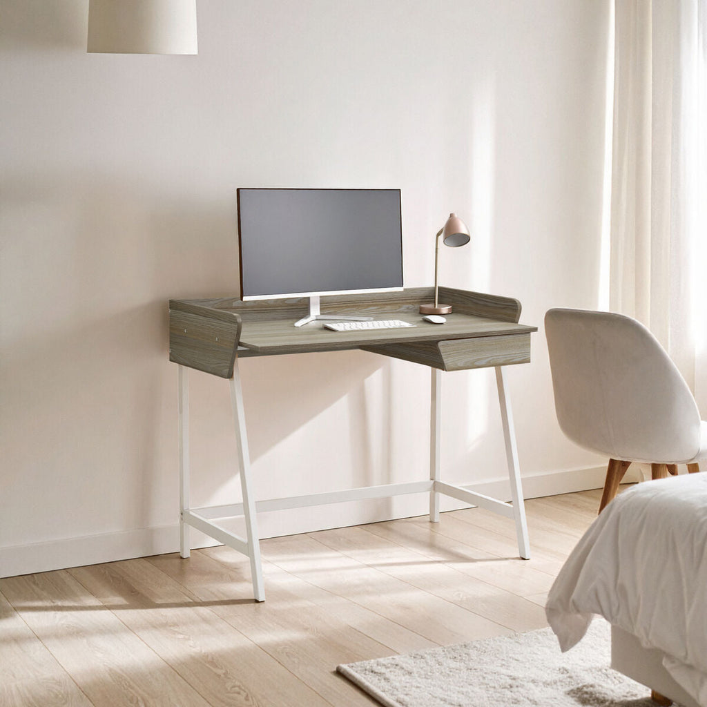 Light Oak Veneer Effect 1 Drawer Desk in White Finish Frame | Bradbury