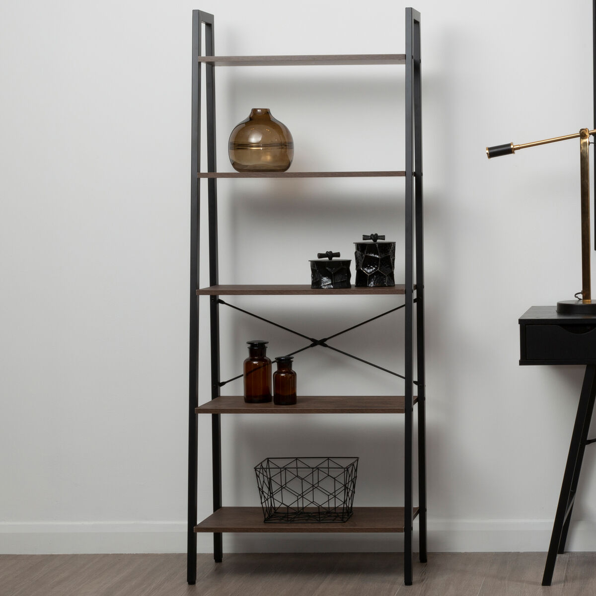 Five Tier Dark Oak Veneer Ladder Shelf Unit | Bradbury
