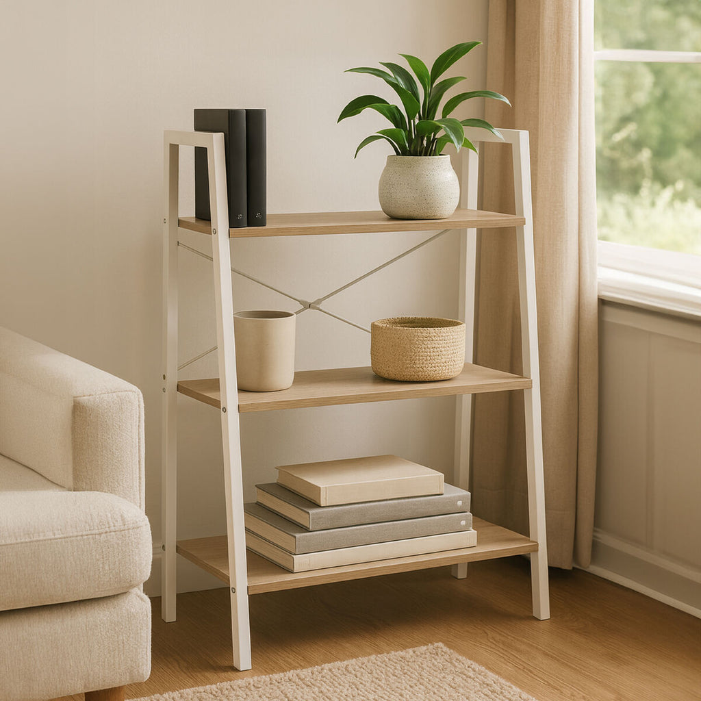 Three Tier Natural Oak Veneer Ladder Shelf Unit | Bradbury