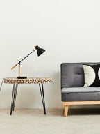 Natural Fir Wood Disc Mosaic Oval Coffee Table with Black Metal Hairpin Legs, Lacuna