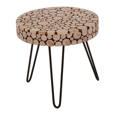 Natural Fir Wood Disc Mosaic Round Coffee Table with Black Metal Hairpin Legs | Lacuna