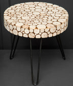 Natural Fir Wood Disc Mosaic Round Coffee Table with Black Metal Hairpin Legs | Lacuna
