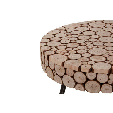 Natural Fir Wood Disc Mosaic Round Coffee Table with Black Metal Hairpin Legs | Lacuna