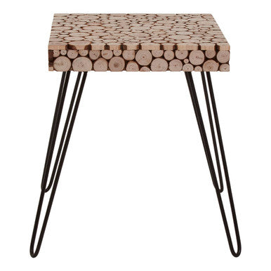 Distressed Fir Wood and Disc Top Square Side Table with Hairpin Legs, Lacuna