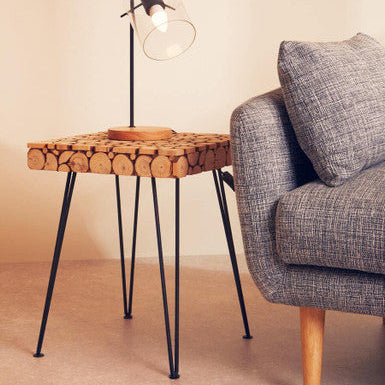 Distressed Fir Wood and Disc Top Square Side Table with Hairpin Legs, Lacuna