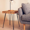 Distressed Fir Wood and Disc Top Square Side Table with Hairpin Legs, Lacuna