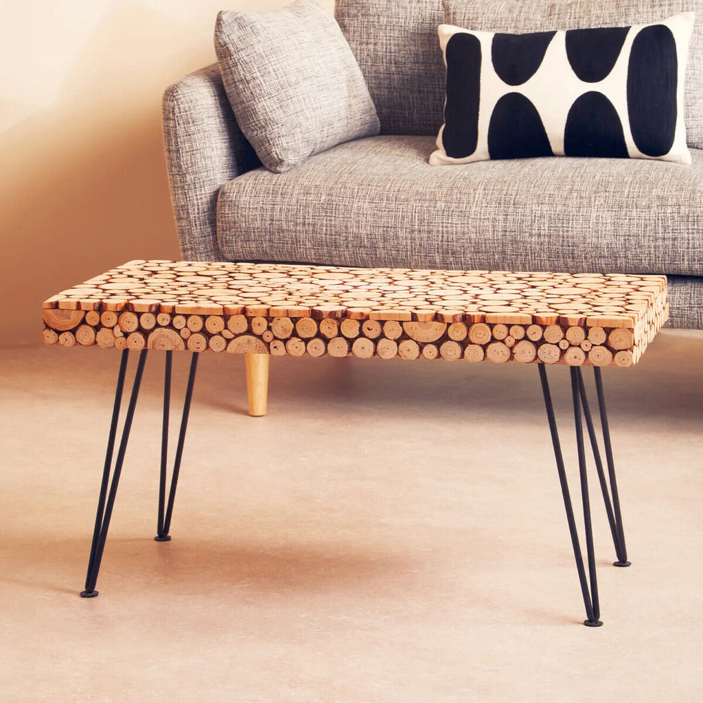 Distressed Fir Wood Disc Top Coffee Table with Black Hairpin Legs, Lacuna