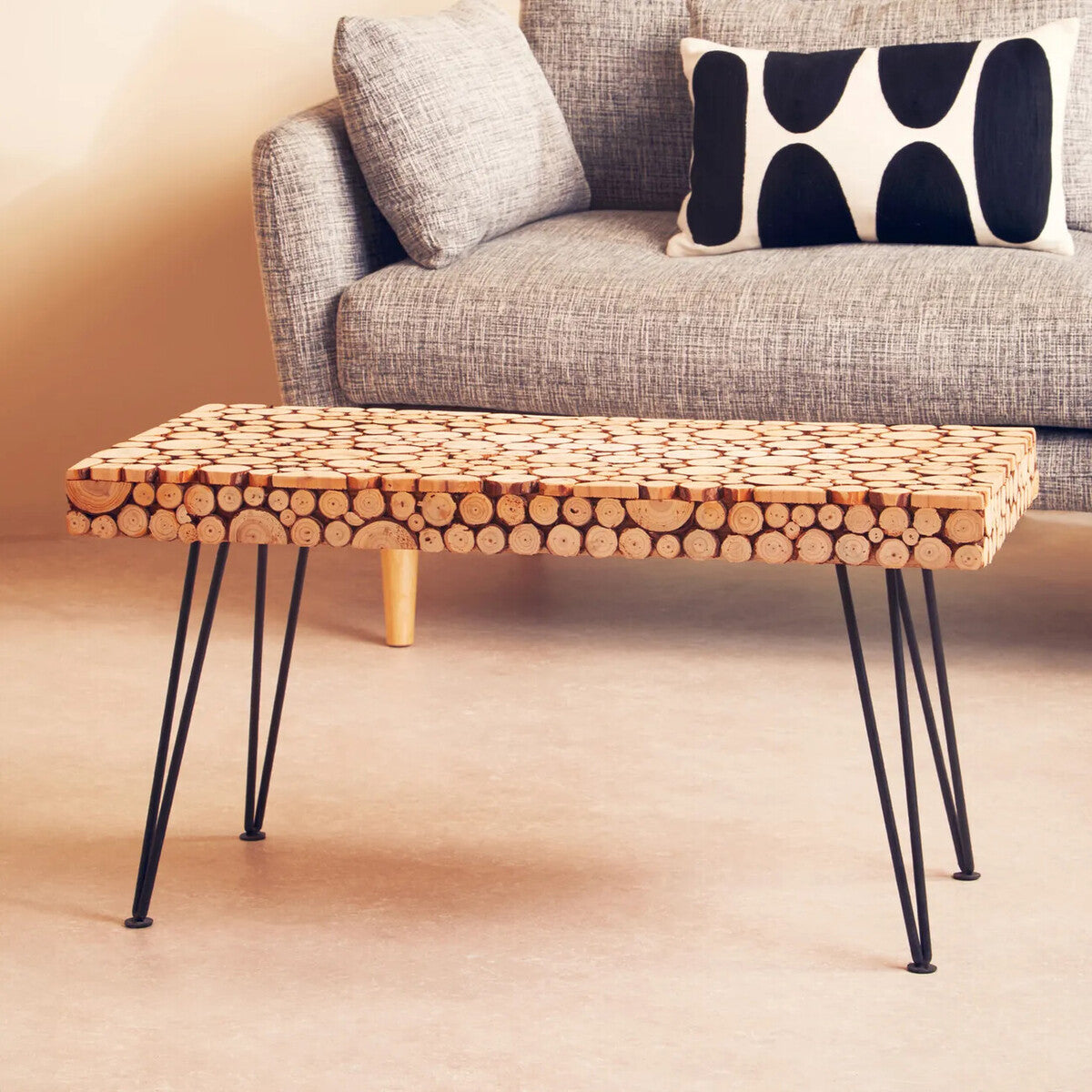 Distressed Fir Wood Disc Top Coffee Table with Black Hairpin Legs, Lacuna