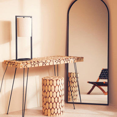 Distressed Fir Wood Mosaic Side Table and Stool, Lacuna