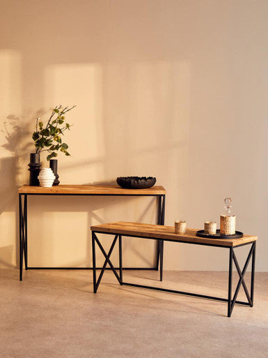 Natural Fir Wood Top Console Table with Black Metal Legs | Kickford