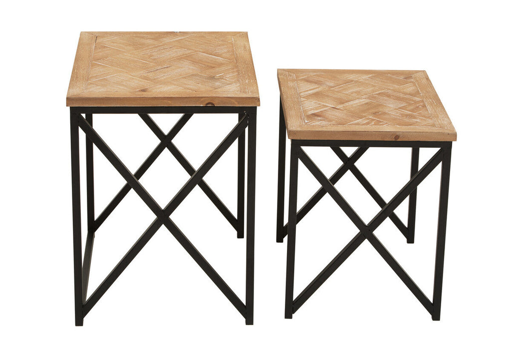 Natural Parquet Fir Wood Set of Two Nesting Tables with Black Metal Frame | Kickford