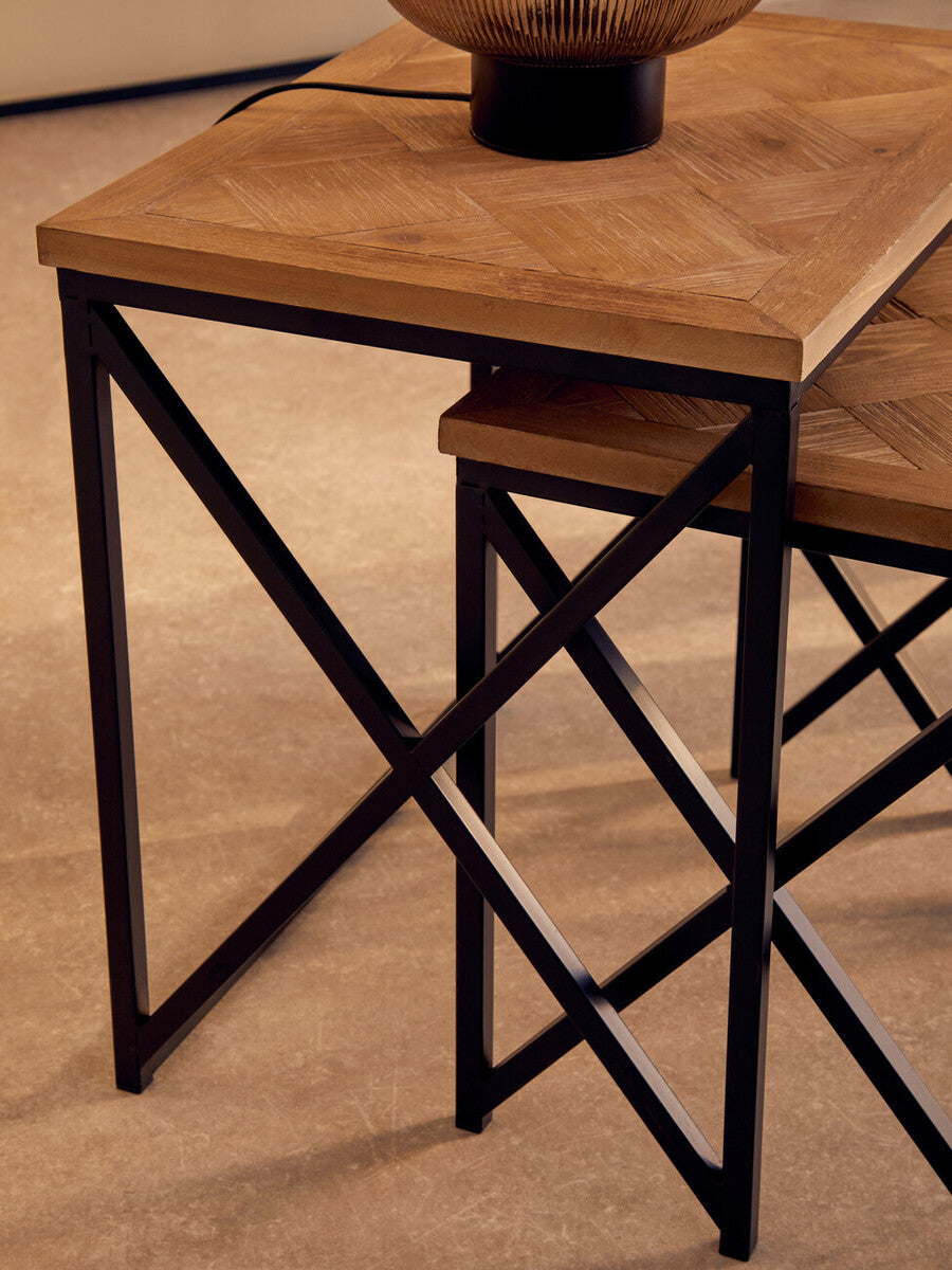 Natural Parquet Fir Wood Set of Two Nesting Tables with Black Metal Frame | Kickford