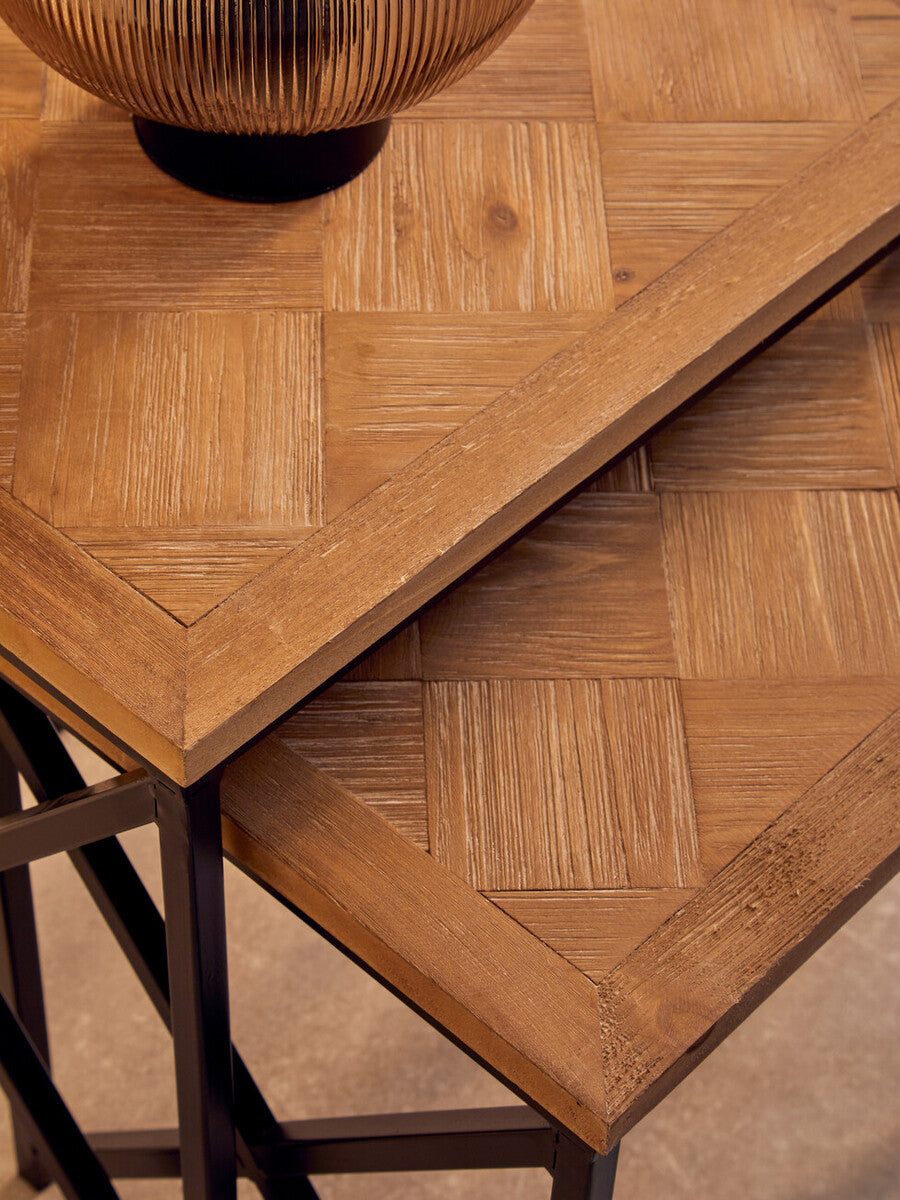 Natural Parquet Fir Wood Set of Two Nesting Tables with Black Metal Frame | Kickford